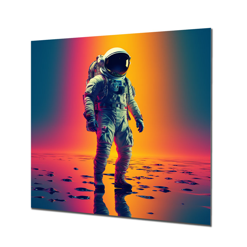 Astronaute rose orange orange à travers l'espace II - Art mural en métal, H 16 po x l 16 po x P 1 po