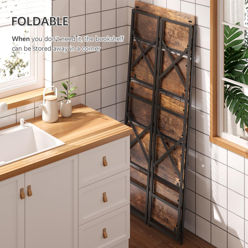 Bibliothèque 5 étages sans assemblage, design rétro, espace de rangement pratique, Rustic Brown Black