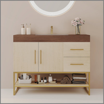 Meuble-lavabo moderne de 36 pouces avec lavabo en céramique sans soudure, accents dorés et armoire autoportante pour un rangement élégant