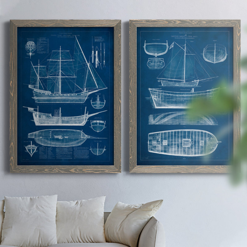 «Antique Ship Blueprint I», ensemble de 2 reproductions d'art sur toile, Toile avec cadre gris