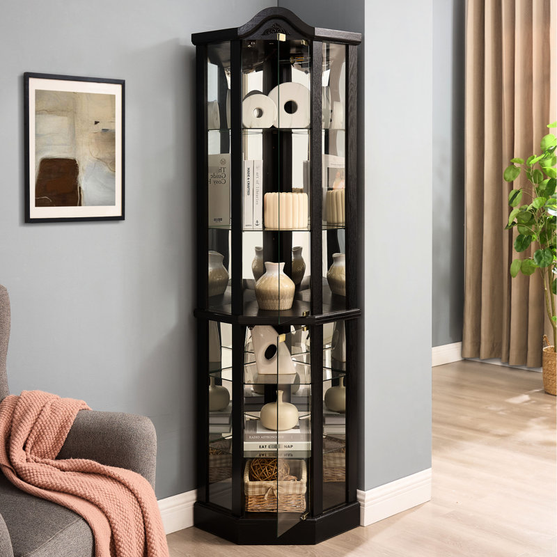 Elegant Illuminated Corner Curio Cabinet With Crown Decoration, 6 Shelves, - Tipping Mechanism, For Office Lighted Display Crown, Triangular Device,