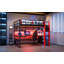Lit mezzanine double en bois avec bureau, support de rangement latéral, tablettes multiples et lumière RVB, rouge