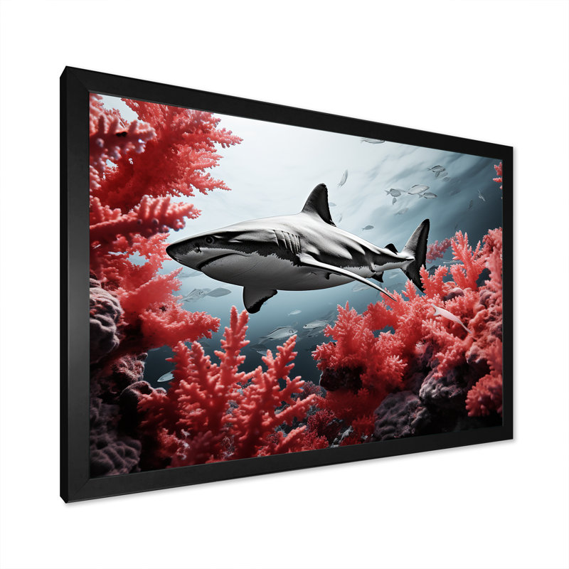 Danse du requin monochrome gris et rouge sur toile, H 24 po x l 32 po x P 1 po, Cadre photo noir