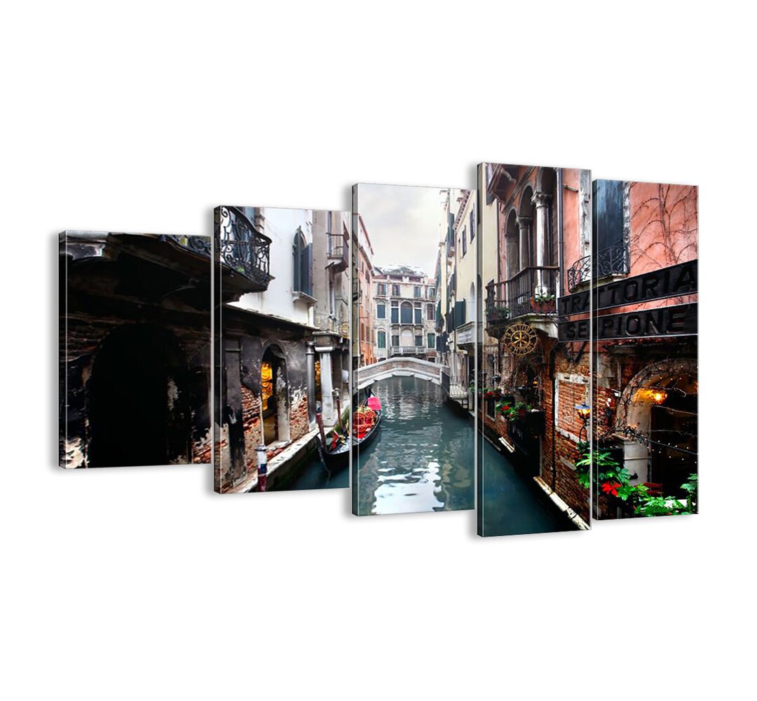 Venezianische Landschaft mit einer Gondel und einer Brücke - 5teiliges ungerahmtes Fotodruck-Set auf Leinwand