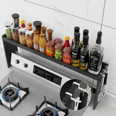 Support à épices en bambou pour dessus de cuisinière - avec tablette à 6 crochets, grand espace de rangement pour l'organisation des épices, tablette de comptoir de cuisine stable et résistante à la saleté