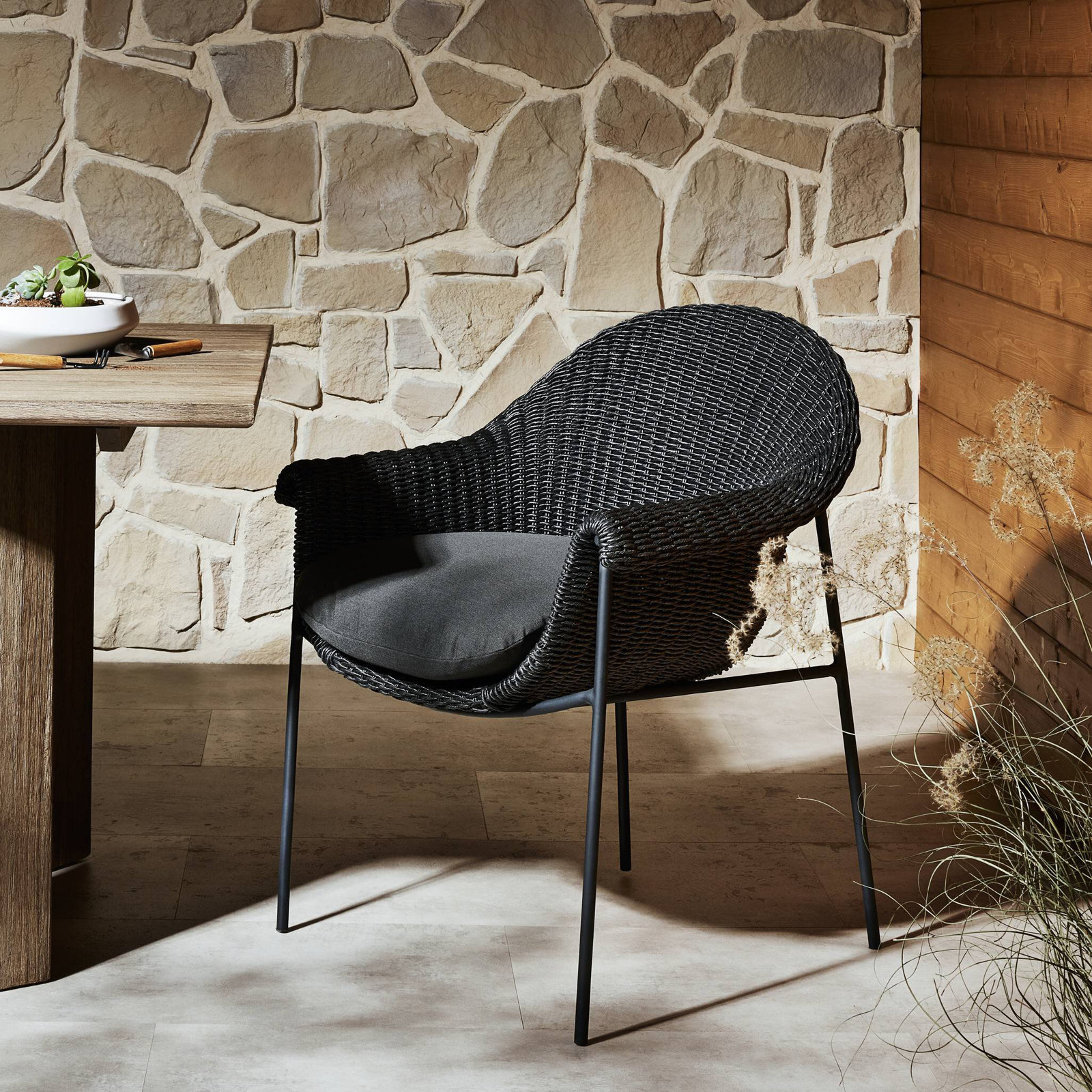 Nabia Premium All-Weather Wicker Outdoor Dining Armchair with Cushion, Gray