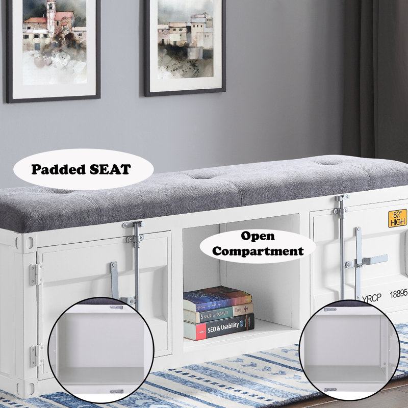 Banc de rangement Shaun avec portes en métal et assise coussinée, Gris, blanc, Gris, blanc
