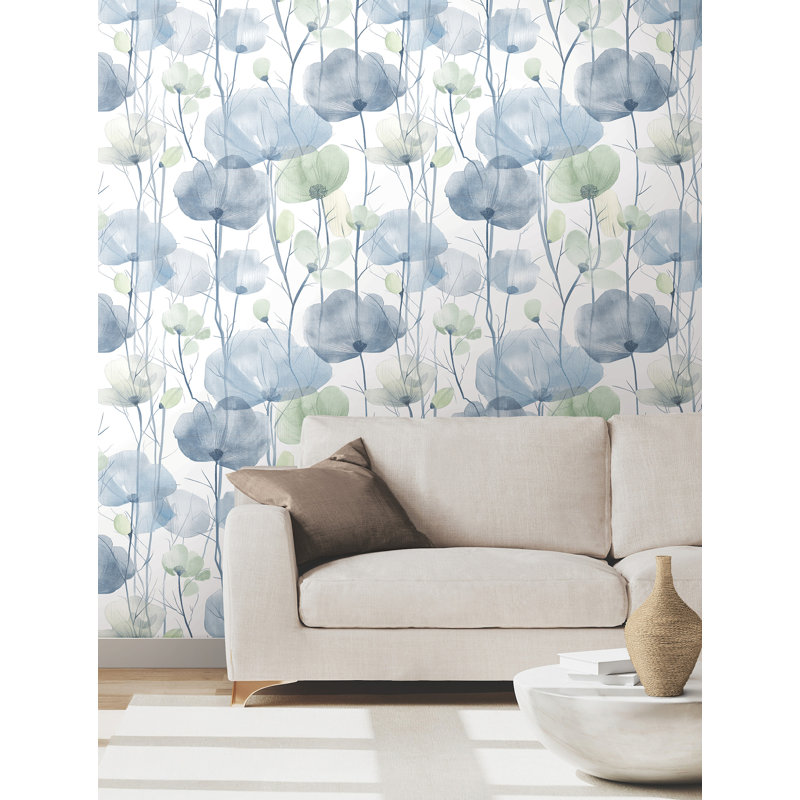 Papier peint floral bleu Cotswolds Poppies, Bleu