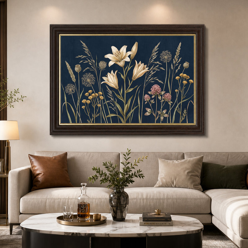Art botanique sur toile bleu marine, H 12 po x l 18 po