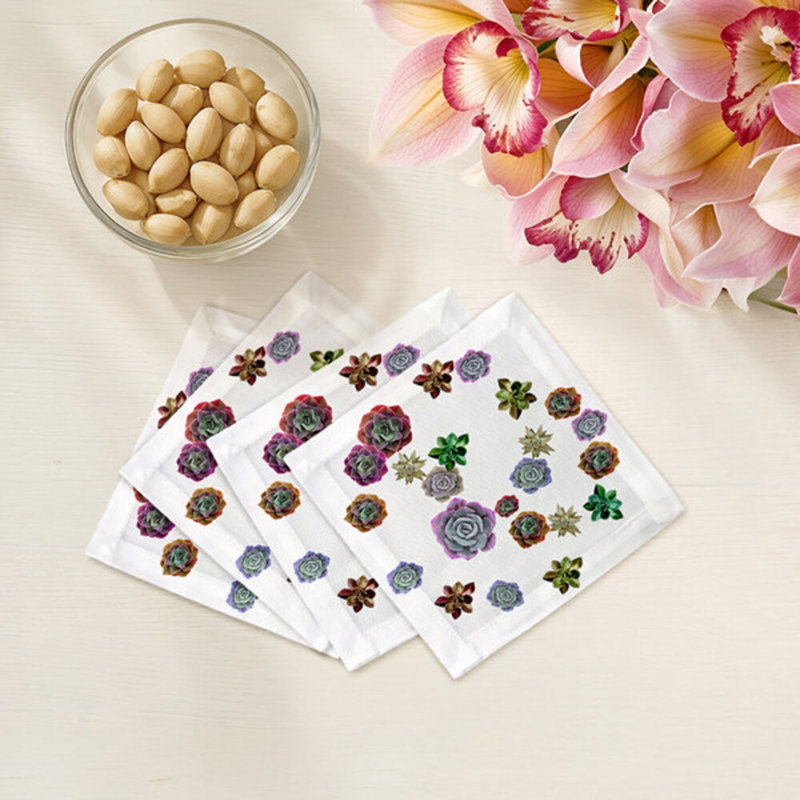 Succulents Floating Cotton Sateen Cocktail Napkins, Pastels