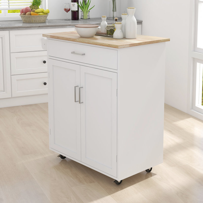 Kitchen Island With Adjustable Shelves, Drawer, Towel Rack & Stable Construction White Lockable , Double Doors, Solid Rubber Wood Top