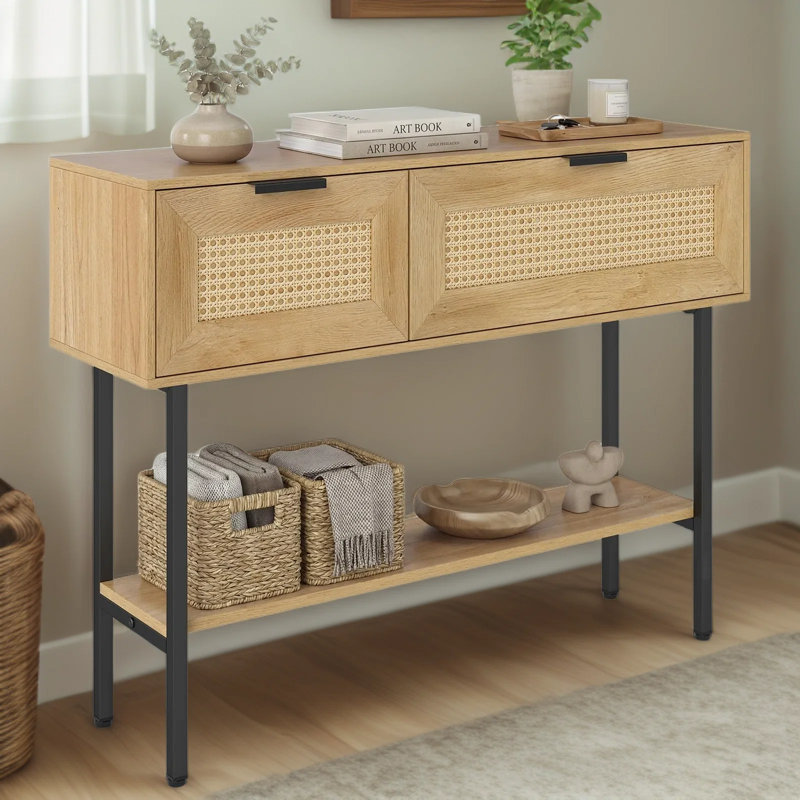 Console en rotin avec rangement, table d'appoint bohème pour entrée, en rotin PE avec placards et étagère ouverte, structure en acier au carbone, naturel