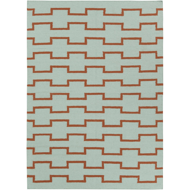 Tapis en laine et en coton à chevrons tissé à plat à la main à motif géométrique vert et orange Chevella, 7 pi x 10 po