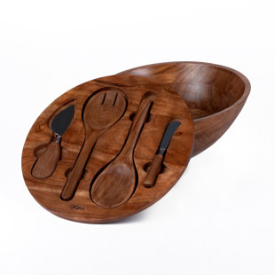 Wood Salad Bowls with Herringbone inlay on wood Lid and Wood tools - Natural