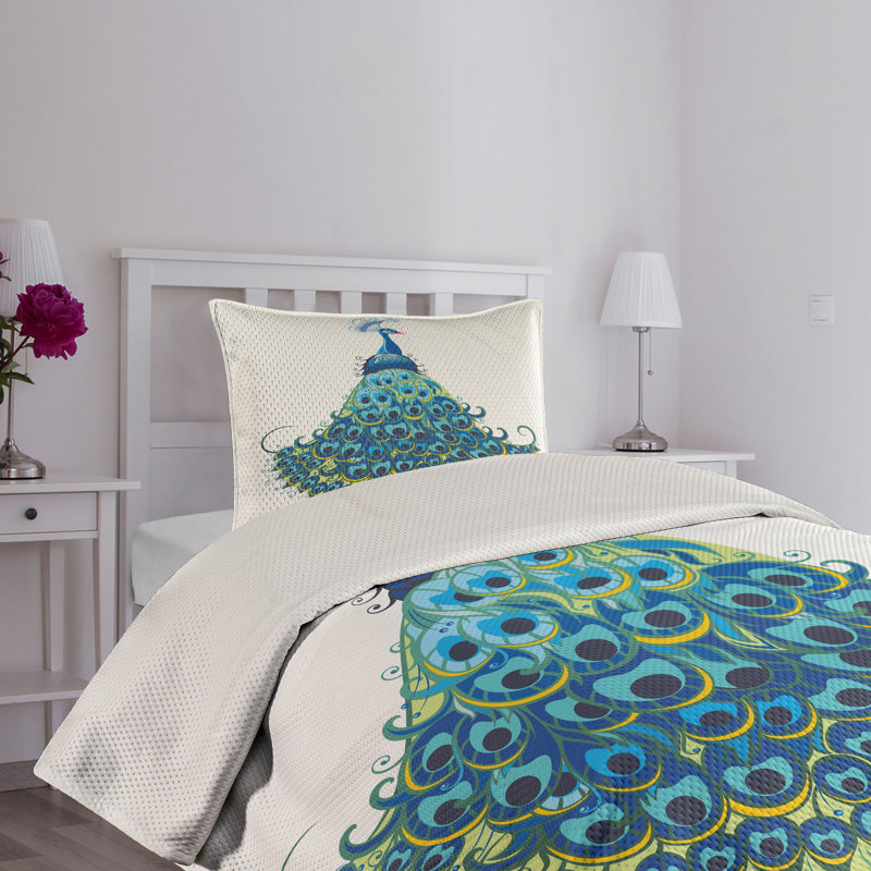 White Twin Quilted Bedspread Set with Peacock Design