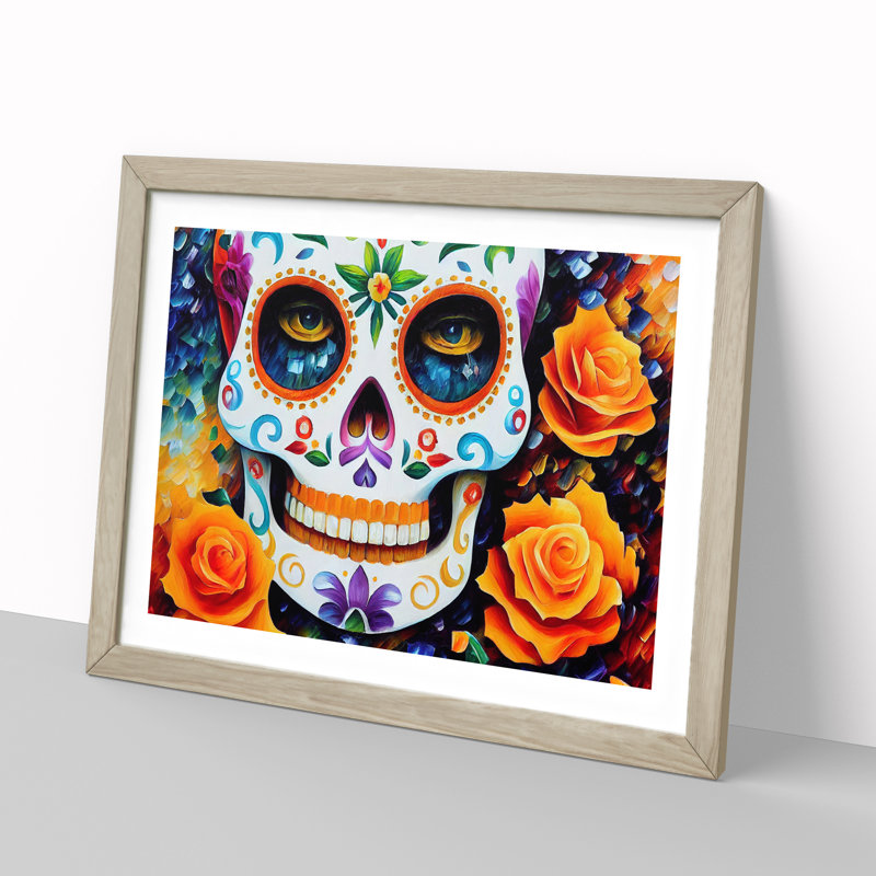 XH1022-2587X Decorated Floral Sugar Skull - Single Picture Frame Print, 25cm H x 34cm W x 2cm D, Oak