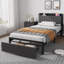 Structure de lit simple avec tiroirs de rangement et station de charge, lit plateforme tapissier avec tête de lit haute, support à lattes en métal, 2 prises USB et 2 prises, aucun sommier requis, assemblage facile-124634795