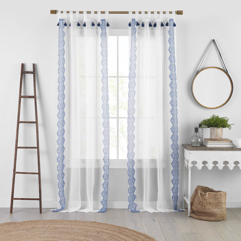 Indigo Sheer Tab Top Boho Tassel Window Curtain Panel