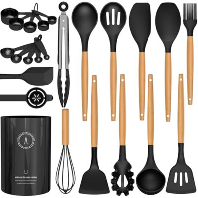 Silicone Cooking Utensils Set - Silicone Kitchen Utensils For Cooking Wooden Handles, 446°F Heat Resistant Kitchen Utensil Spatula Sets, Gadgets For Non-Stick Cookware BPA FREE (Multicolour)