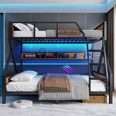 Lit double superposé double / grand ou double + planche de rangement / grand lit, lit superposé en métal avec tablettes et lumières de rangement, conception peu encombrante et silencieuse, aucun sommier tapissier nécessaire, noir