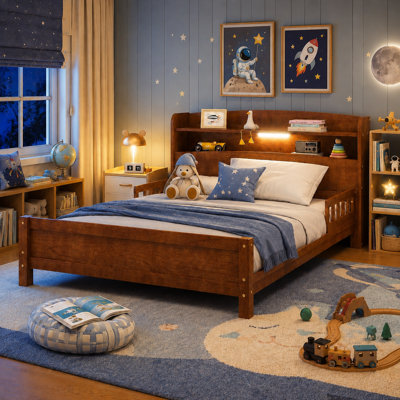 Full Size Solid Wood Bed with Bookcase Headboard, LED Motion Sensor Lisht, Guardrail