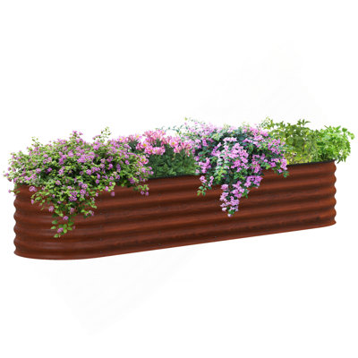 Ensemble de jardin surélevé galvanisé de 8 pi x 2 pi x 1,4 pi Outsunny, jardinière surélevée en métal avec bordure de sécurité, réservoir de bricolage facile pour faire pousser des fleurs, des herbes et des légumes, brun
