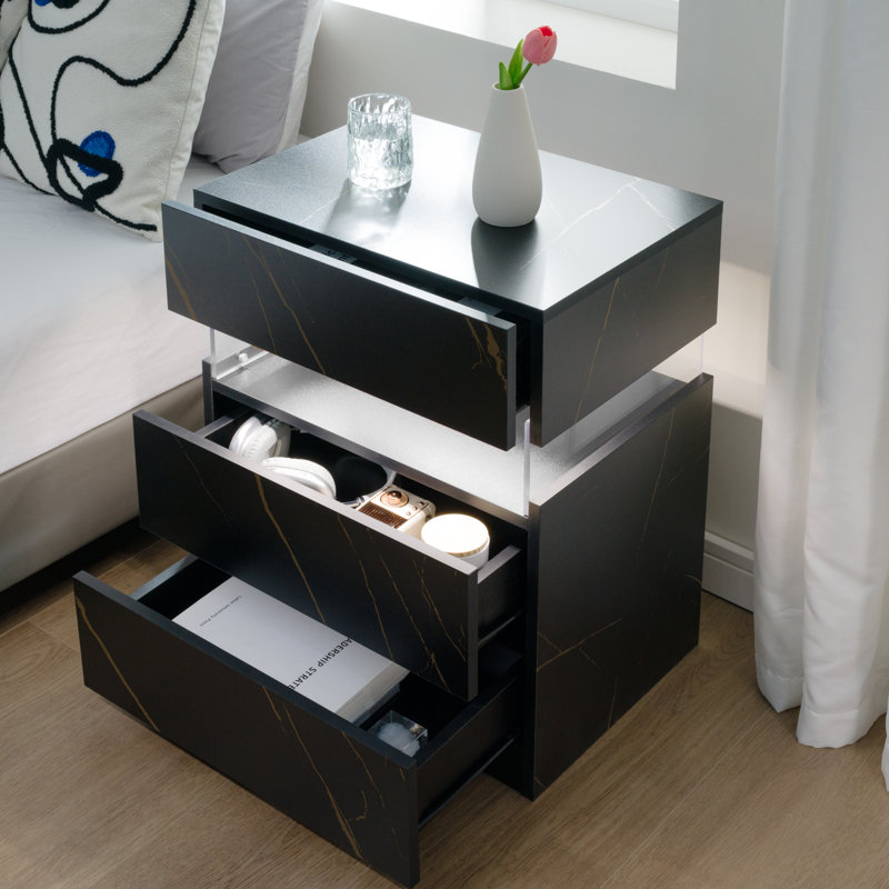 Commode 3 tiroirs pour table de chevet avec tables en acrylique à DEL Nightstands, Marbre noir