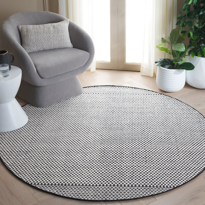 Tapis en laine / coton à tissage plat Kimberland gris / noir / ivoire, Rond 6 pi