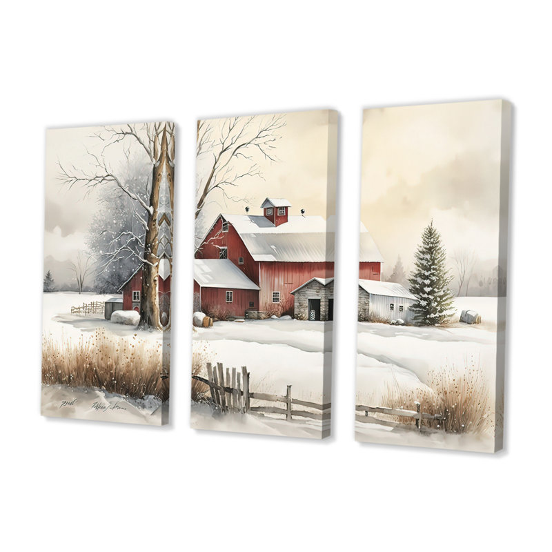 Calm Red Barn In Winter IV - 3 pièces sur toile, H 28 po x l 36 po, Toile tendue