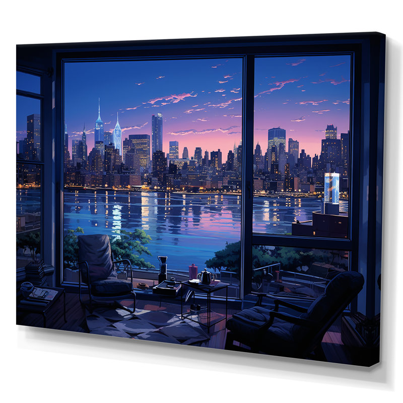 «Blue NYC at Night Window View III - New York City», art sur toile, Toile tendue, H 30 po x l 40 po x P 1,5 po