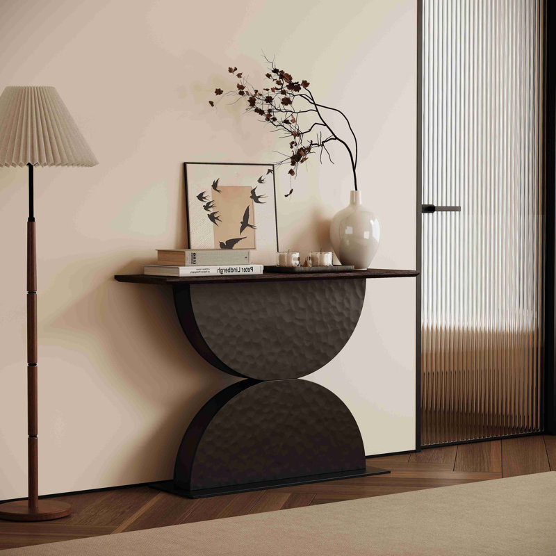 Double console semi-cercles en bois à texture de marteau avec table à lumière d'entrée et console moderne