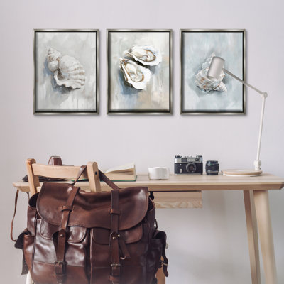 Various Seashell Mirages 3 Piece Gray Framed Floater Canvas Set, design by Ramona Murdock