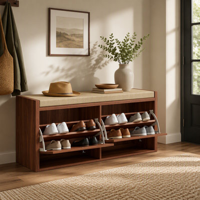 Banc de rangement pour chaussures en rotin avec coussin rembourré, banc d'entrée avec 2 armoires pour rangement caché, l 41,3 po x P 13,8 po x H 19,7 po, pour le couloir, le salon, la chambre à coucher, brun