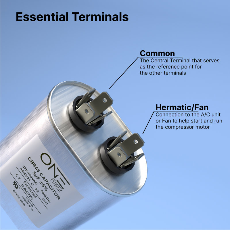 ONE Power 5-MFD, 370V or 440V Single Run A/C Capacitor 5 uF CBB65B Air Conditioner Capacitors for AC Unit Fan Motor Start or Heat Pump or Condenser Straight Cool