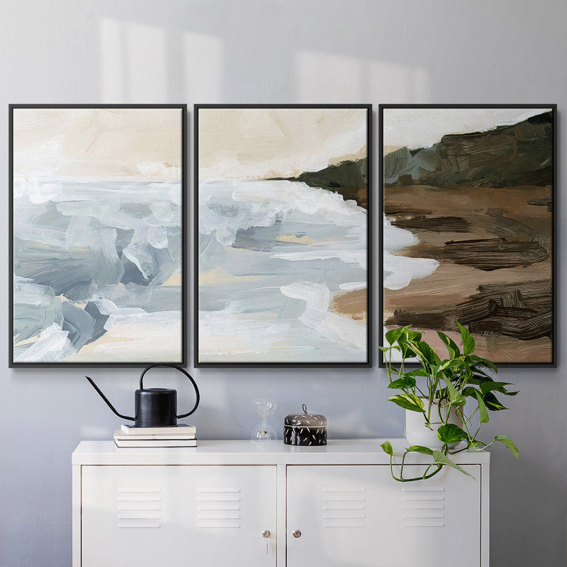 "Cove Break II", peinture sur toile 3 pièces, H 36 po x l 75 po, Cadre noir