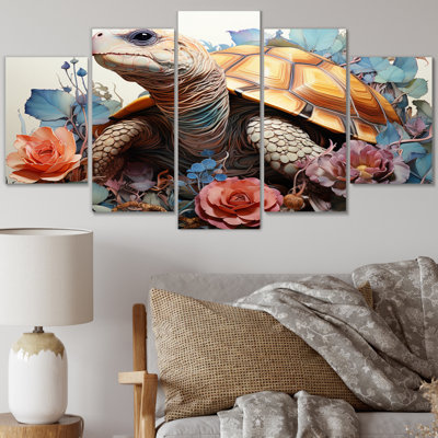 «Brown Blue Line Art Whimsical Animals», reproduction d'art sur toile, animaux, 5 panneaux