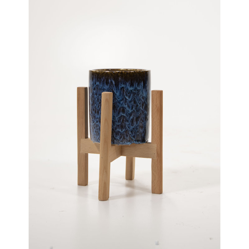 Pot de fleurs en bois, Bleu paon / naturel, H 5 po x l 4,7 po x P 4,7 po