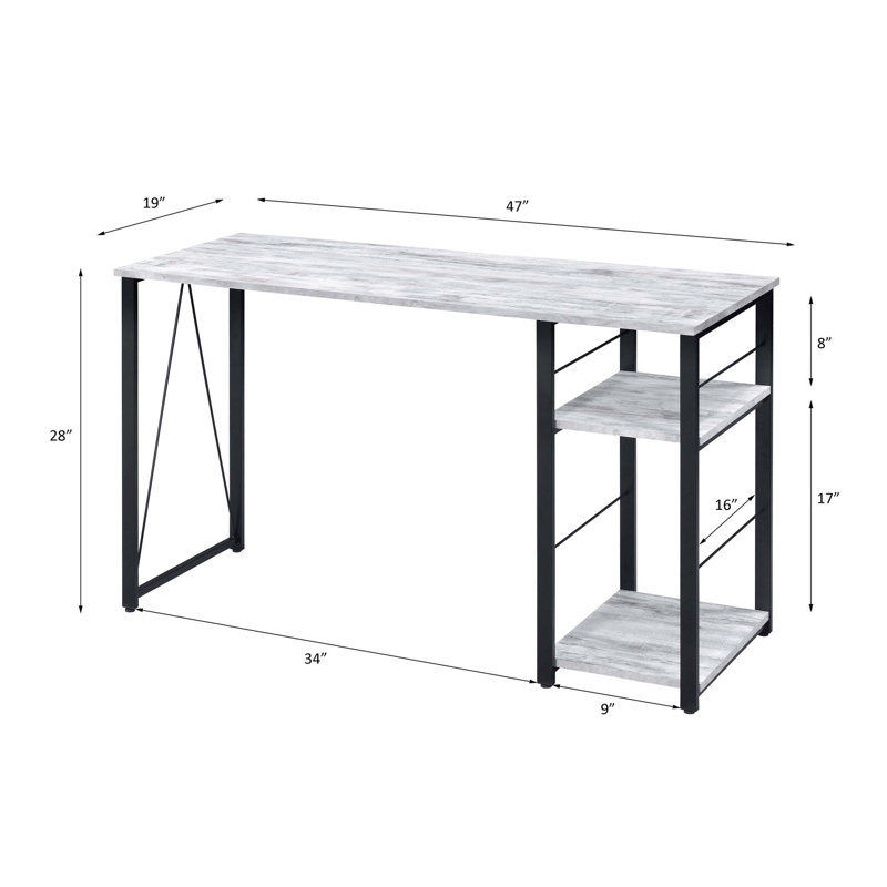 Bureau avec tablette à 2 niveaux et base ouverte en métal, Blanc antique