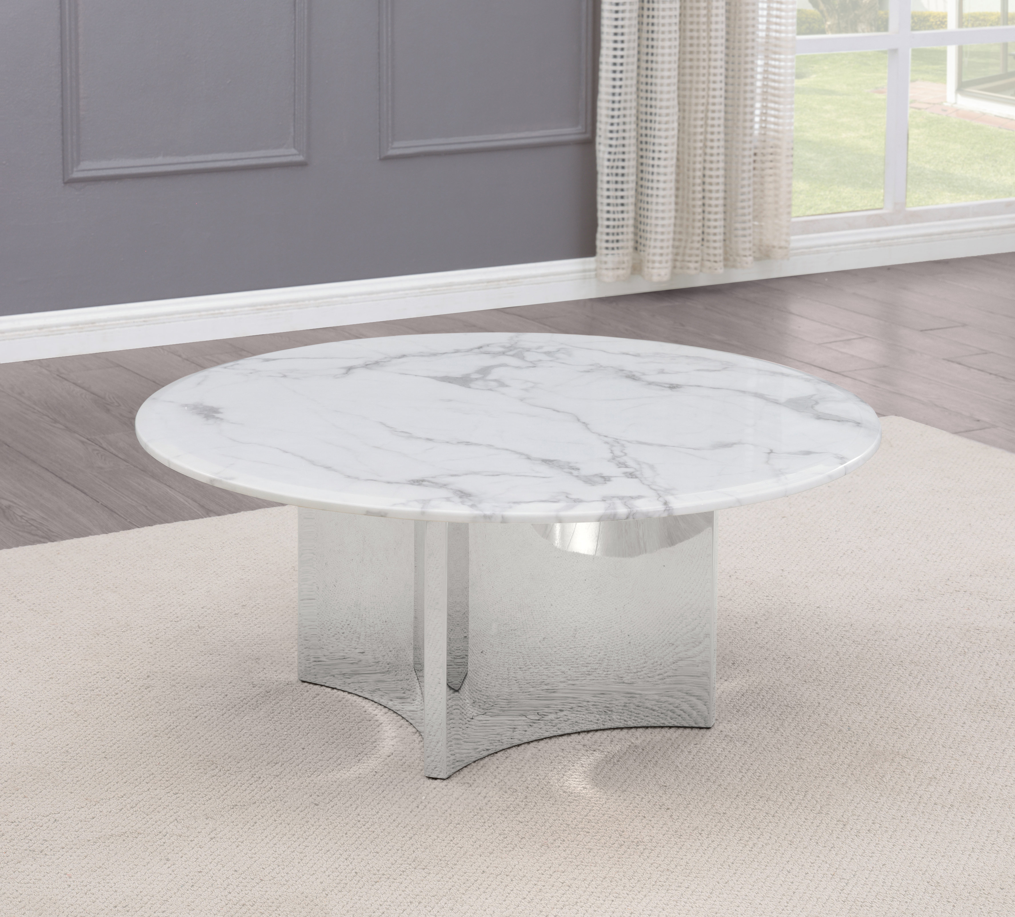 Orren Ellis White Marble Coffee Table With Stainless Steel Base ...