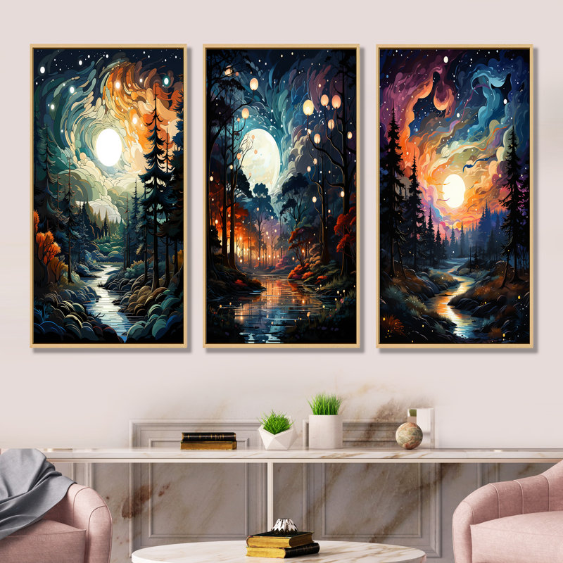 «Moonlight River Into The Forest I», ensemble de 3 reproductions d'art mural, Cadre flottant brun, H 40 po x l 60 po
