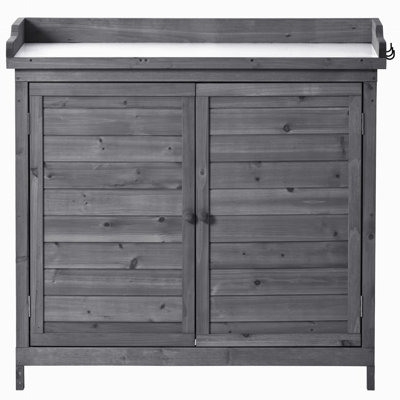 TOPMAX Outdoor Potting Bench Table, Rustic Garden Wood Workstation Storage Cabinet Garden Shed with 2-Tier Shelves and Side Hook