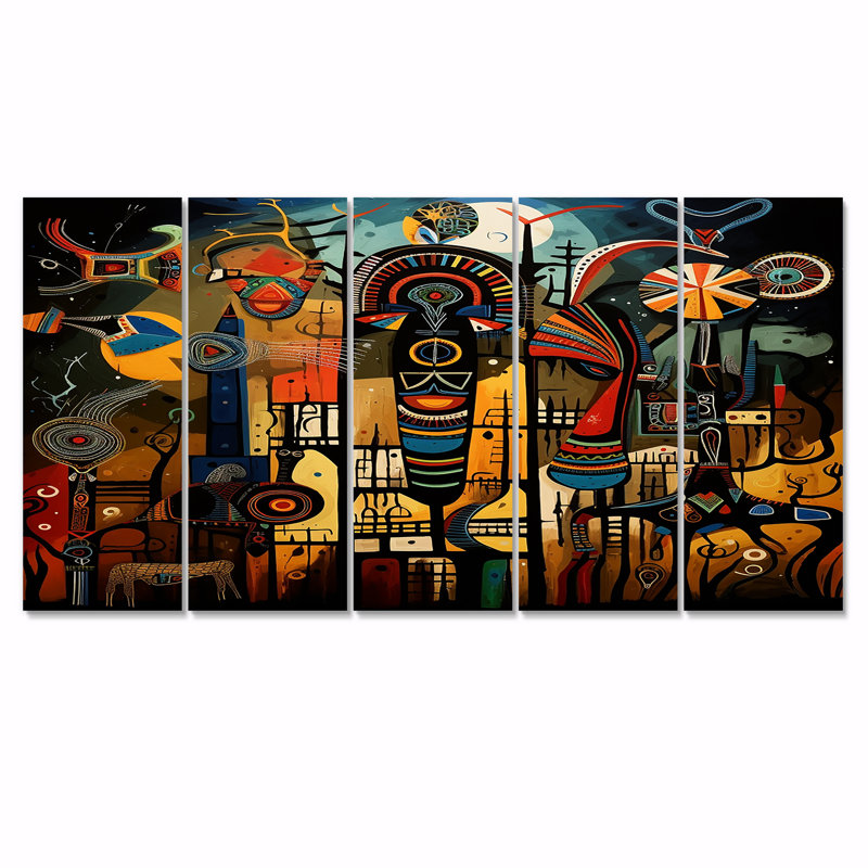 Abstrait paysage sub-saharien - Art africain, art mural pour le salon, 5 pièces, H 28 po x l 60 po