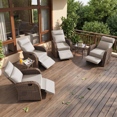 Fauteuil inclinable à bascule pivotant en osier 6 pièces pour l'extérieur avec table d'appoint, dossier réglable, repose-pieds et plateau latéral