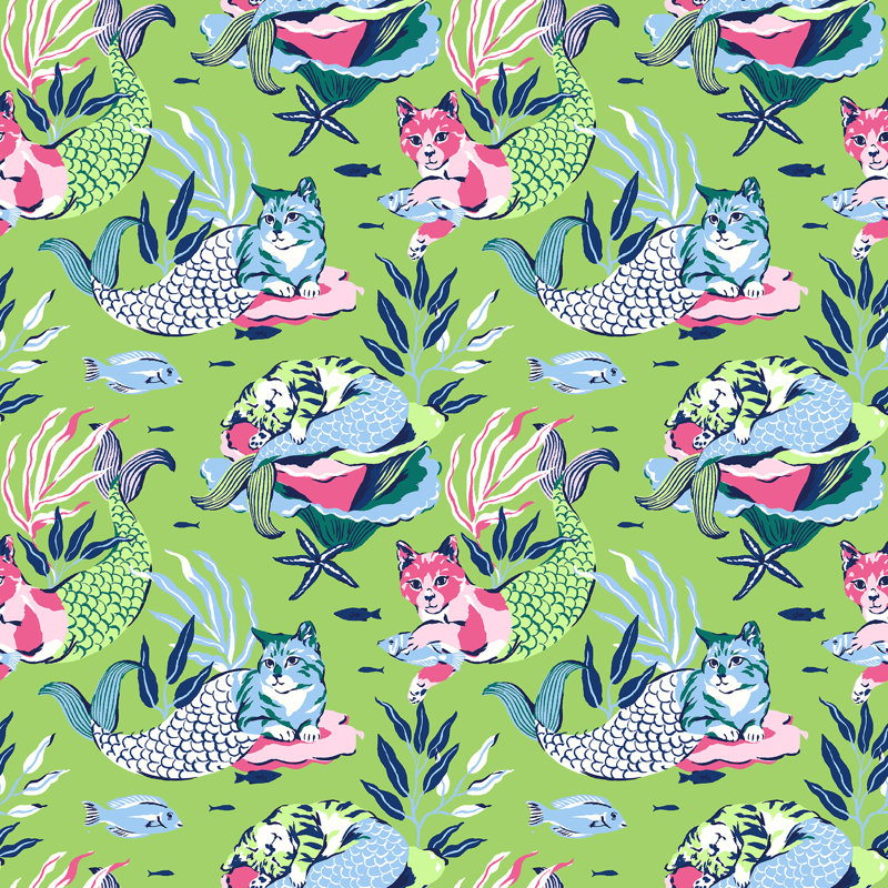 Papier peint adhésif Meowing Mermaids, Vert lime