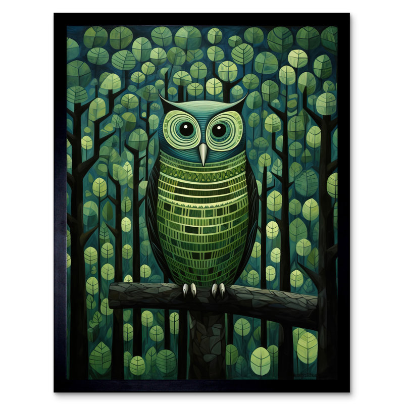 Sage Green Owl Illustration Perched Geometric Forest Night - Single Picture Frame Print