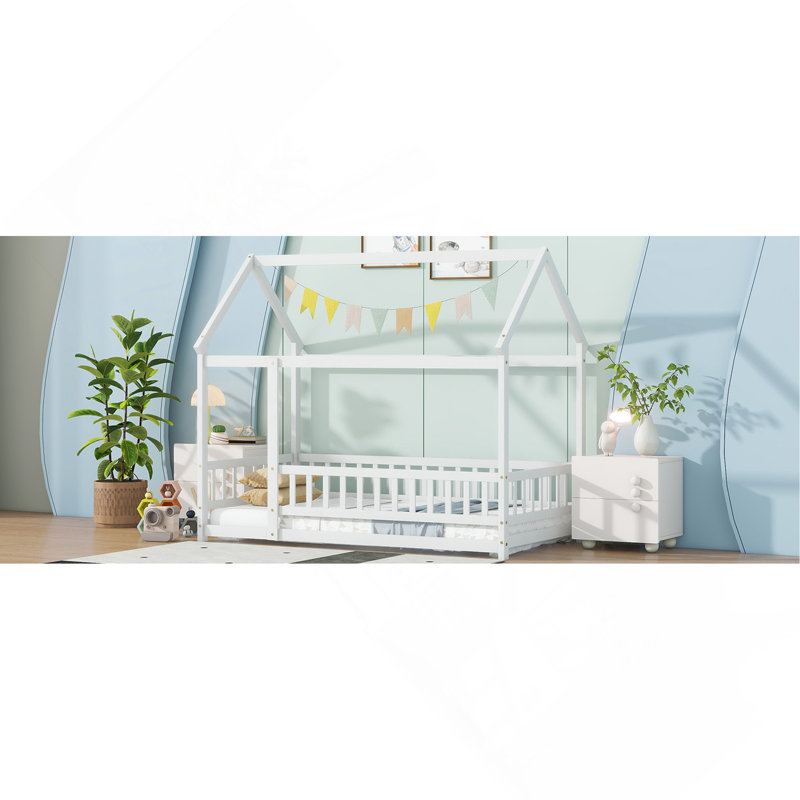 Full Size House Floor Bed With Roof Frame, Safety Guardrails,Whtie, Twin, White