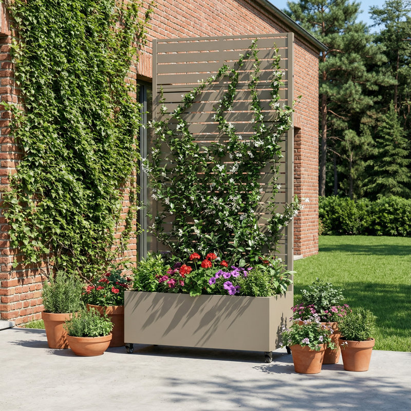 Boîte à fleurs en métal avec roues Eulau, H 72 po x l 35 po x P 16 po, Gris, olive