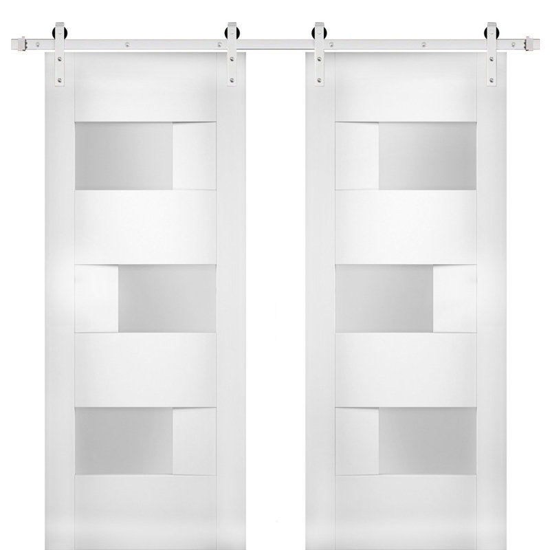 Portes de grange blanches en verre givré Sete avec trousse de quincaillerie d'installation, Argent, 72 po x 84 po