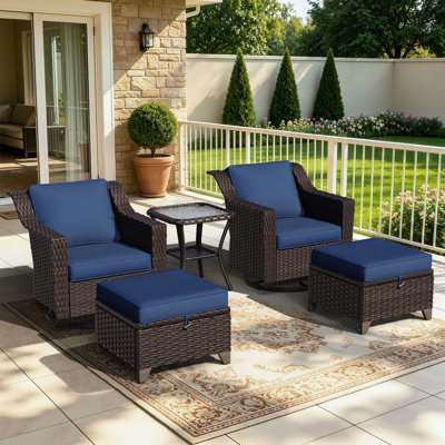 5-Piece Outdoor Wicker Swivel Chair Set With Ottomans & Side Table, Rattan Patio Conversation Furniture With Cushions For Porch, Balcony, Backyard