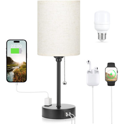 Modern Bedside Lamp With 3 Color Modes, USB-C & USB Ports, AC Outlet, Pull Chain Control, Metal Base For Bedroom, Office, Or Kids Room